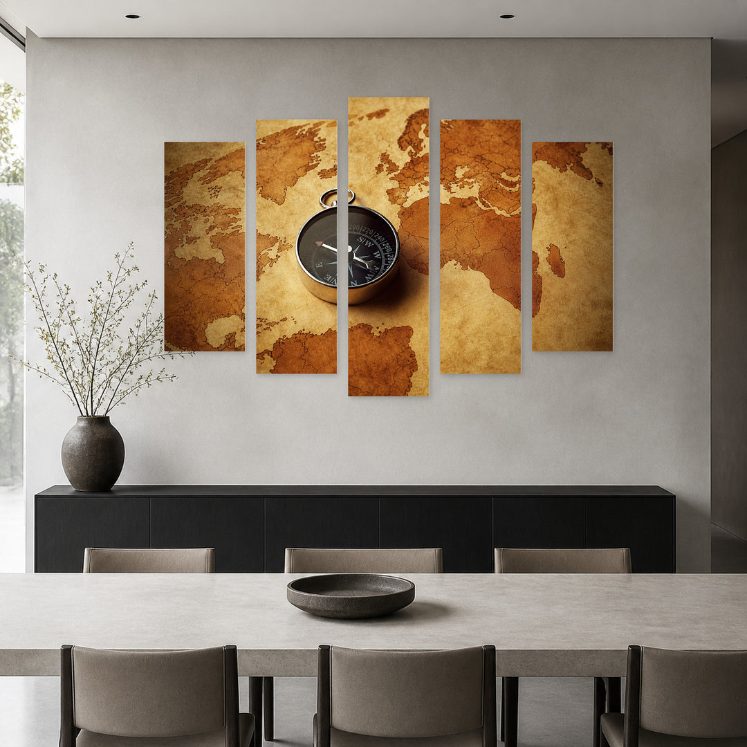 Compass on an Antique World Map — five-panel wall art in alternate frontal interior | 5wallart 54579 M4