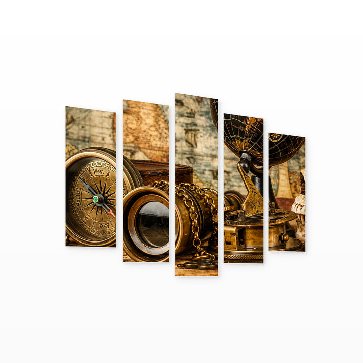 Vintage Navigation Items with Geometric Rhythm — five-panel wall art on white background in perspective | 5wallart 54581 M1