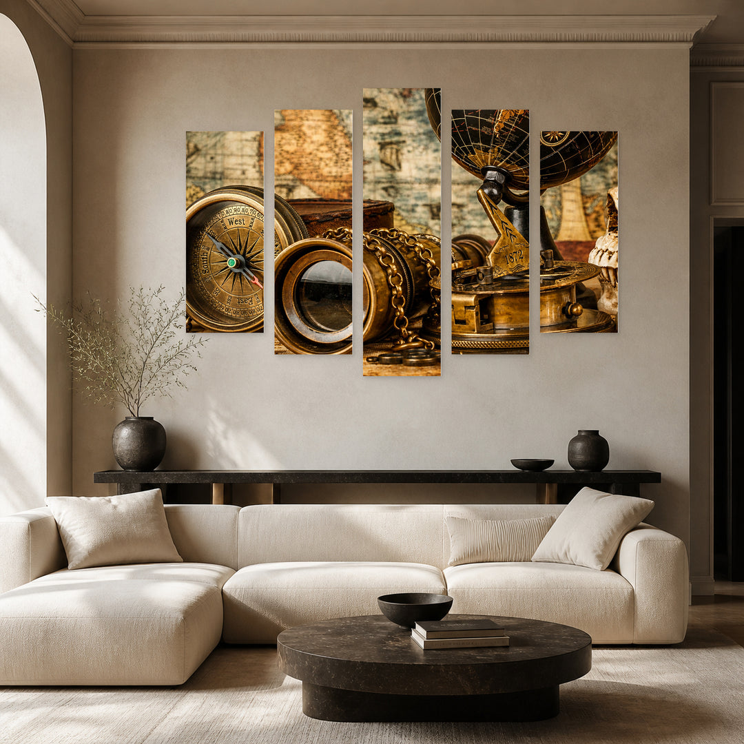 Vintage Navigation Items with Geometric Rhythm — five-panel wall art in frontal interior | 5wallart 54581 M3
