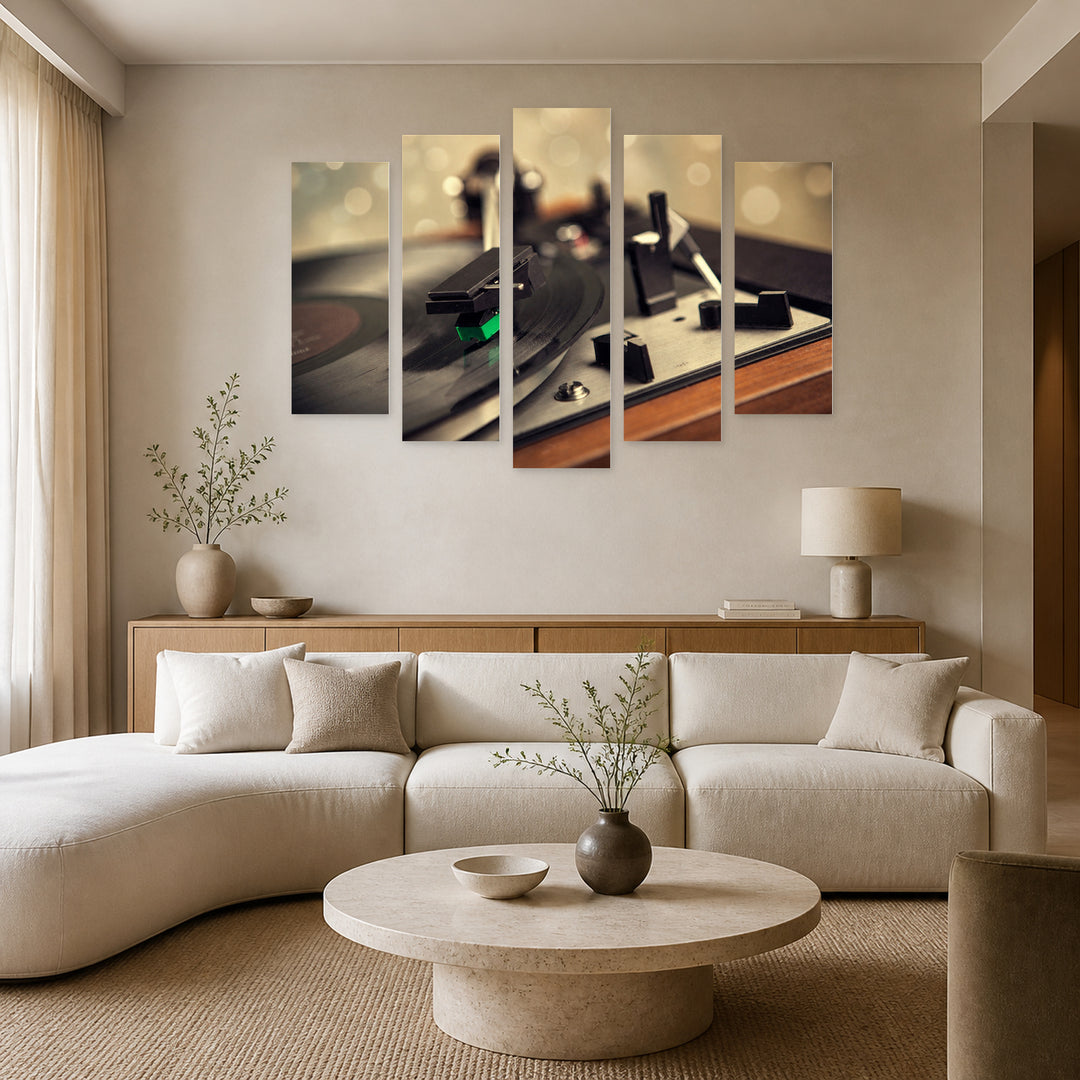 Vintage Gramophone in Serene Light — five-panel wall art in frontal interior | 5wallart 54583 M3