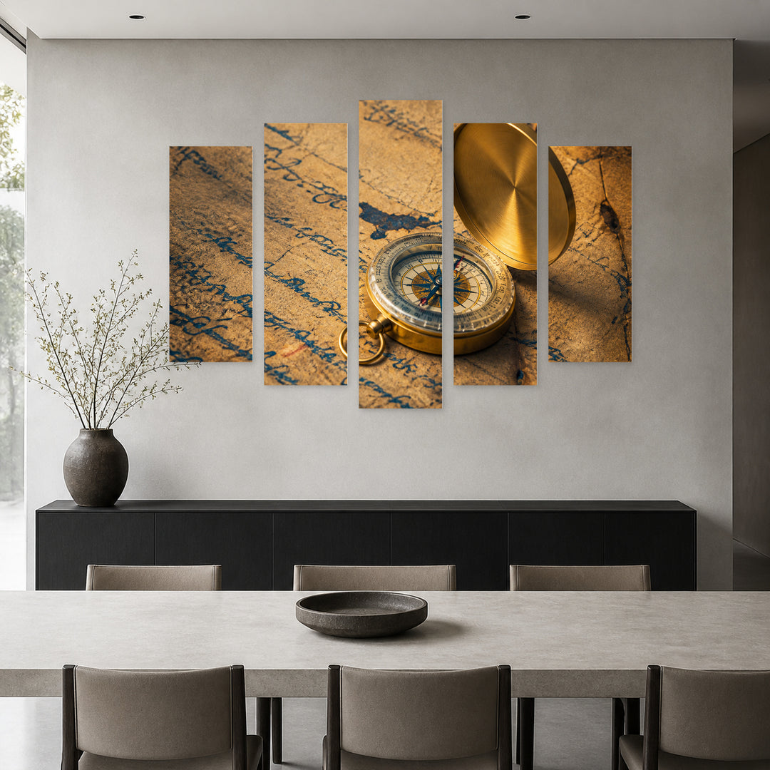 Compass in Blue and Gold — five-panel wall art in frontal interior | 5wallart 54584 M3