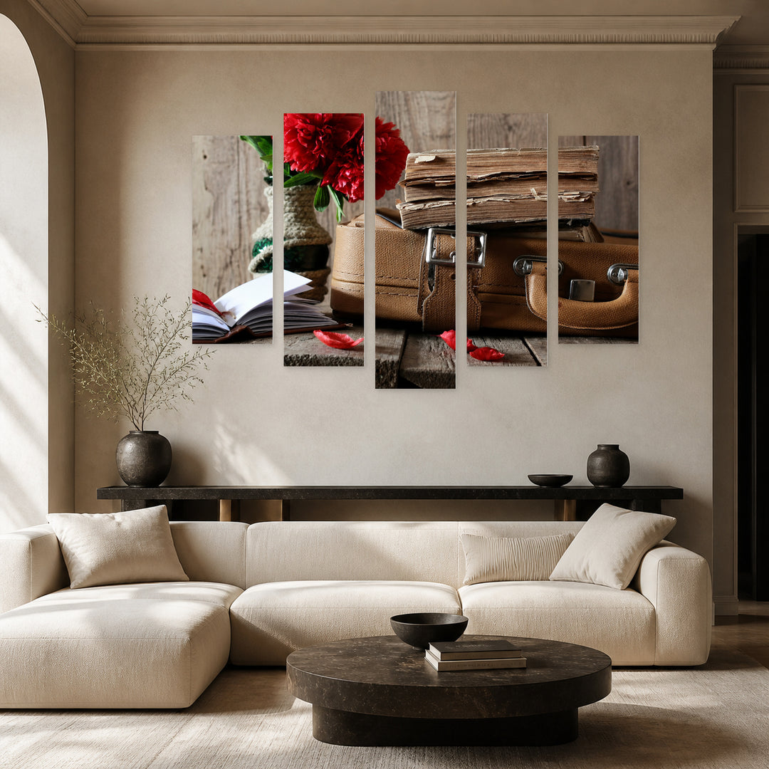 Vintage Suitcase in Serene Light II — five-panel wall art in frontal interior | 5wallart 54585 M3