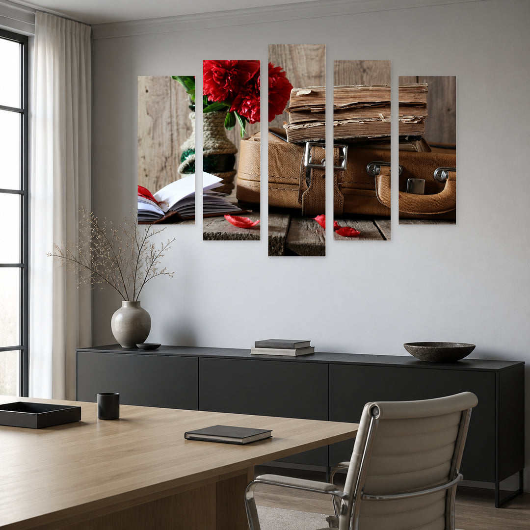 Vintage Suitcase in Serene Light II — five-panel wall art in alternate frontal interior | 5wallart 54585 M4