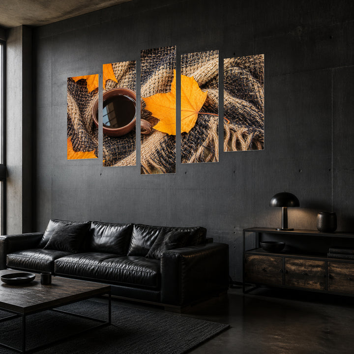 Cozy Autumn Background with Geometric Rhythm — five-panel wall art in perspective interior | 5wallart 54586 M2