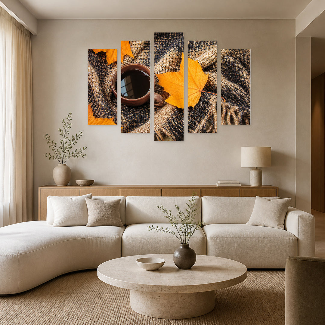 Cozy Autumn Background with Geometric Rhythm — five-panel wall art in alternate frontal interior | 5wallart 54586 M4
