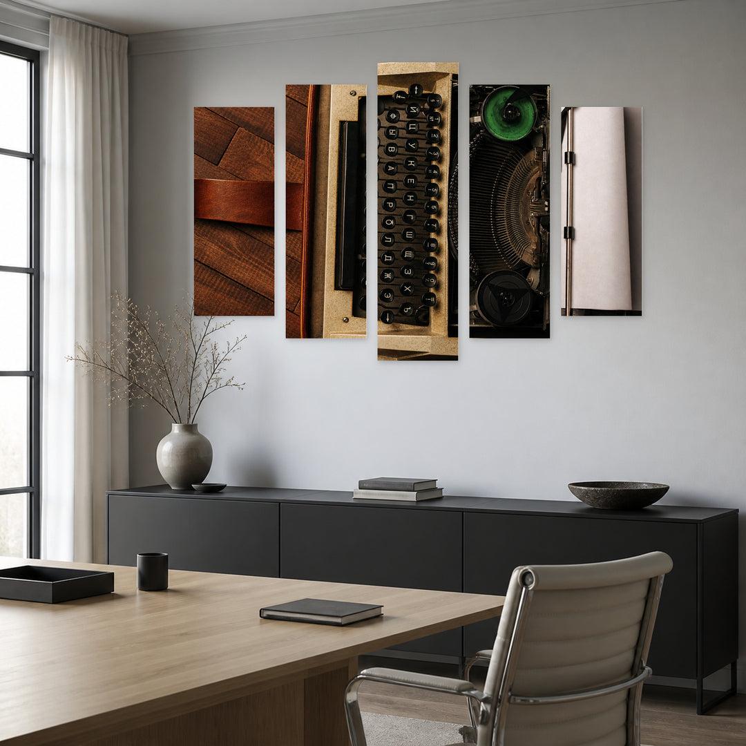 Typewriter Vintage Study — five-panel wall art in alternate frontal interior | 5wallart 54587 M4