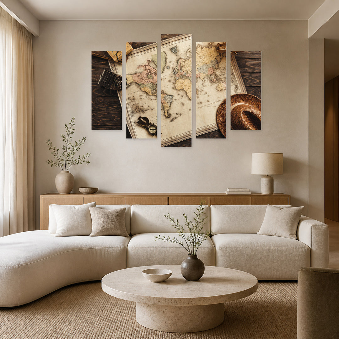 Vintage Objects in Serene Light — five-panel wall art in alternate frontal interior | 5wallart 54588 M4
