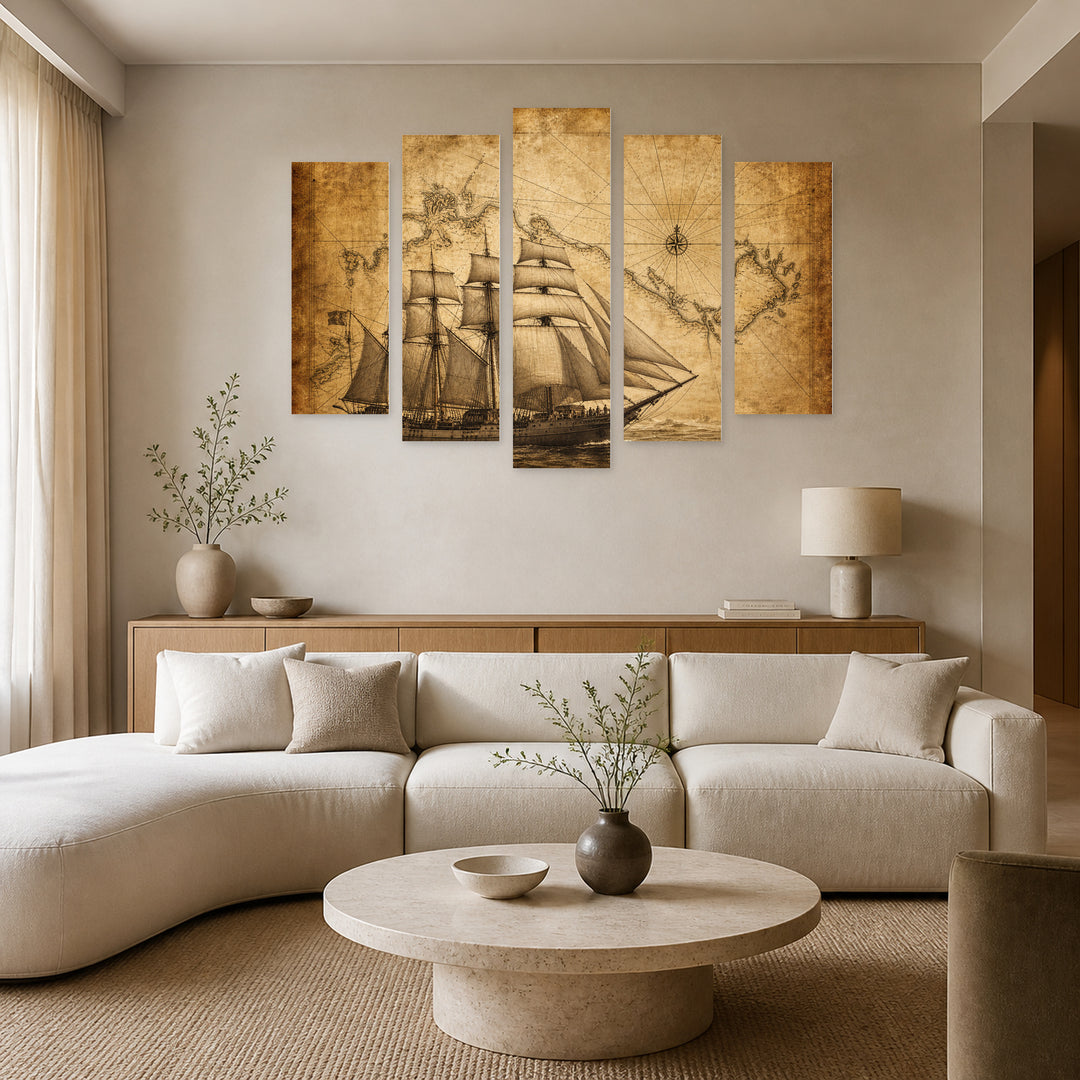 Adventure Stories with Geometric Rhythm — five-panel wall art in frontal interior | 5wallart 54589 M3