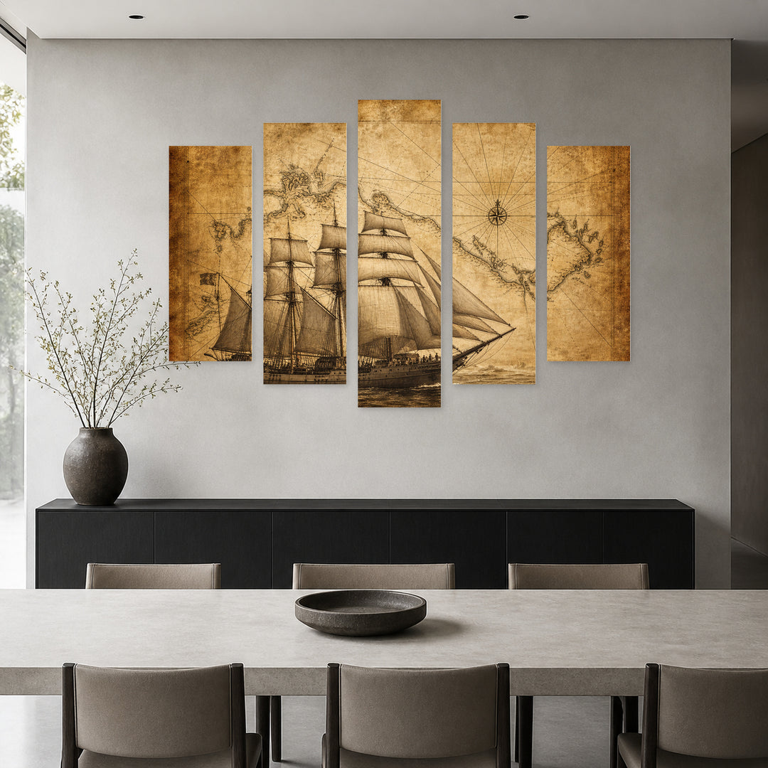 Adventure Stories with Geometric Rhythm — five-panel wall art in alternate frontal interior | 5wallart 54589 M4
