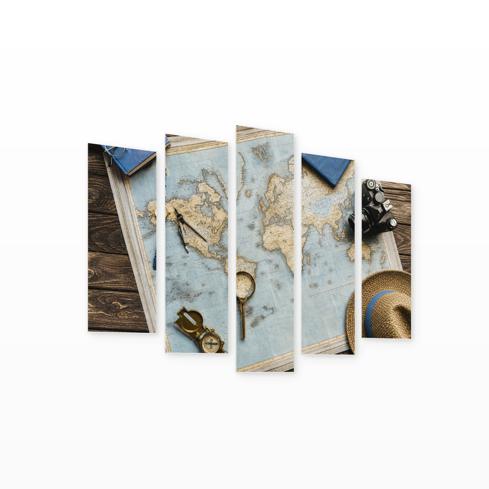Adventure Items in Blue and Gold — five-panel wall art on white background in perspective | 5wallart 54590 M1