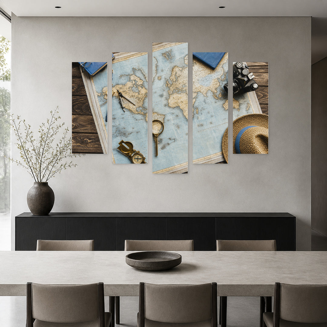 Adventure Items in Blue and Gold — five-panel wall art in frontal interior | 5wallart 54590 M3