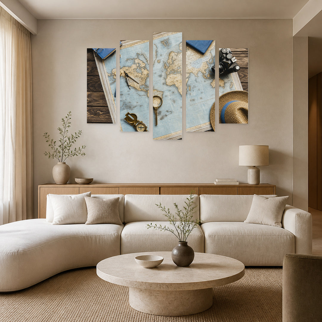Adventure Items in Blue and Gold — five-panel wall art in alternate frontal interior | 5wallart 54590 M4