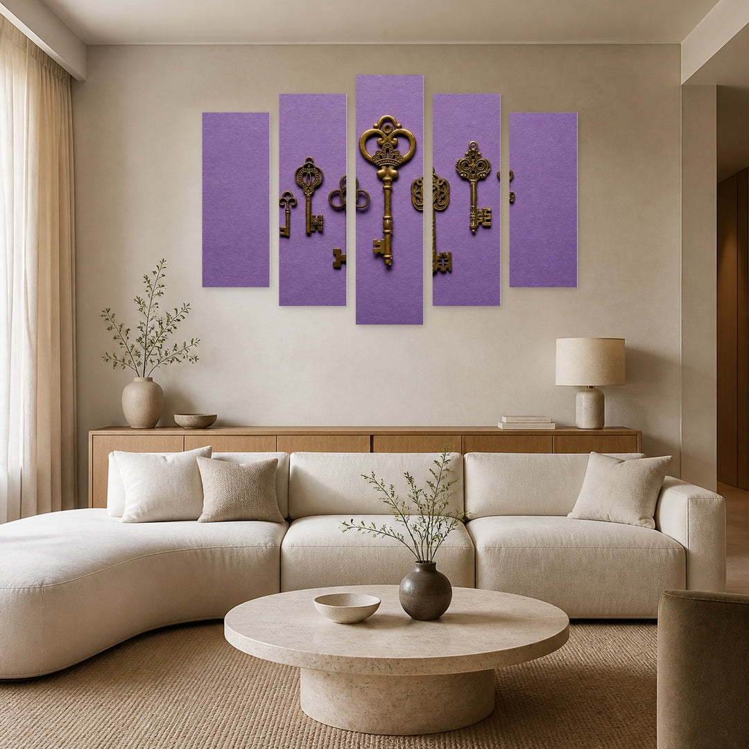 Retro Keys Vintage Study — five-panel wall art in frontal interior | 5wallart 54591 M3