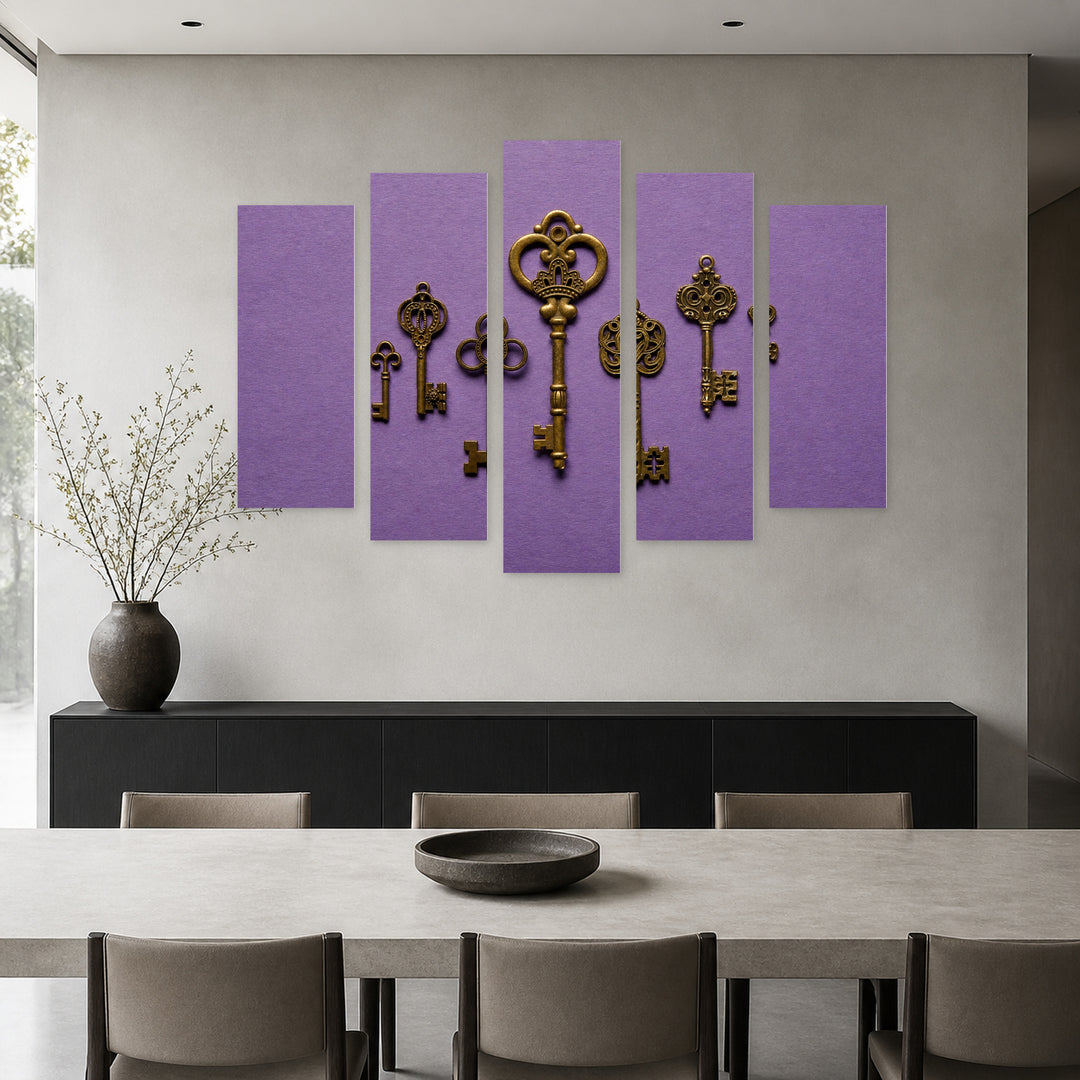 Retro Keys Vintage Study — five-panel wall art in alternate frontal interior | 5wallart 54591 M4