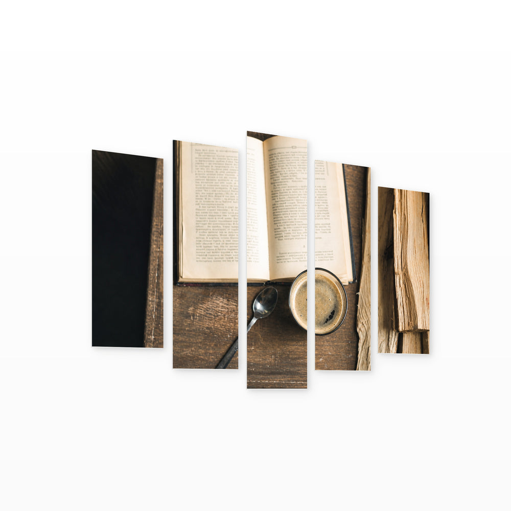 Cup of Coffee and Old Book Still Life — five-panel wall art on white background in perspective | 5wallart 54592 M1
