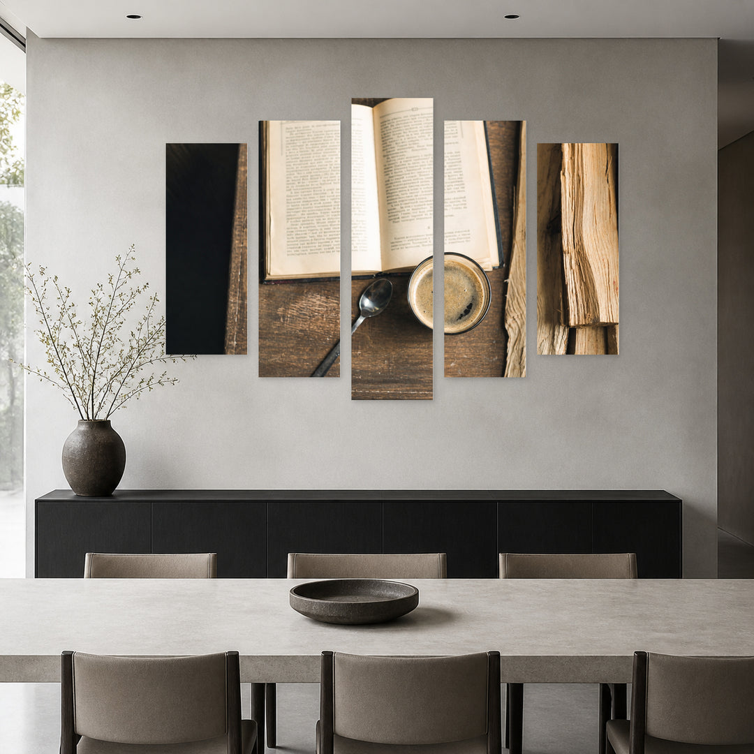 Cup of Coffee and Old Book Still Life — five-panel wall art in frontal interior | 5wallart 54592 M3