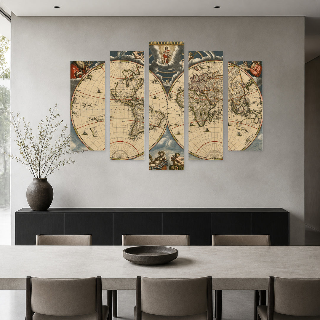 Ancient Map Vintage Study — five-panel wall art in alternate frontal interior | 5wallart 54593 M4