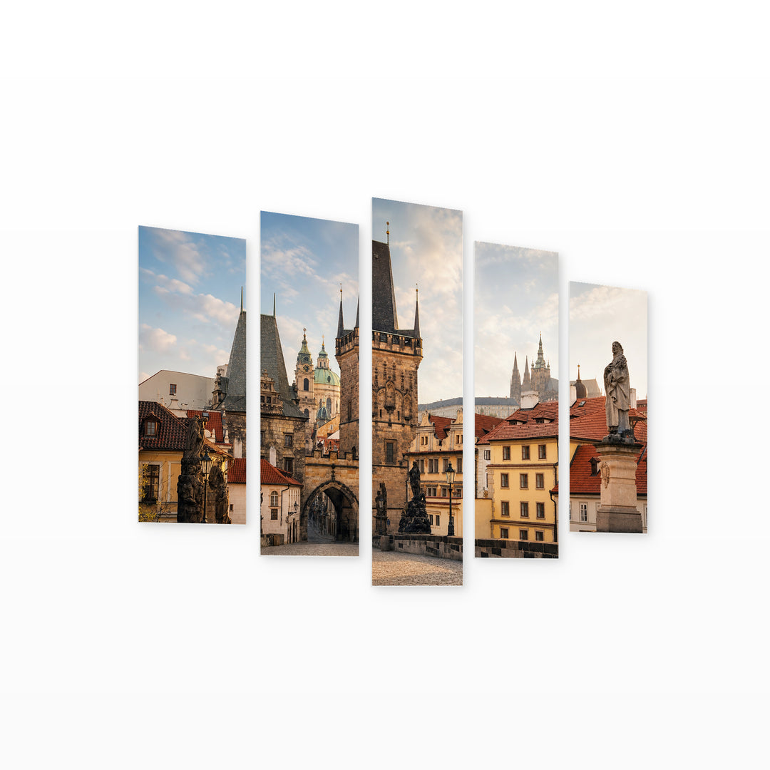 Old Prague in Serene Light — five-panel wall art on white background in perspective | 5wallart 54594 M1