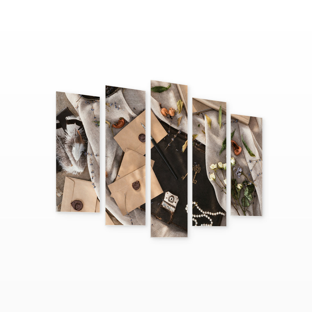 Vintage Books and Envelopes in Serene Light — five-panel wall art on white background in perspective | 5wallart 54595 M1
