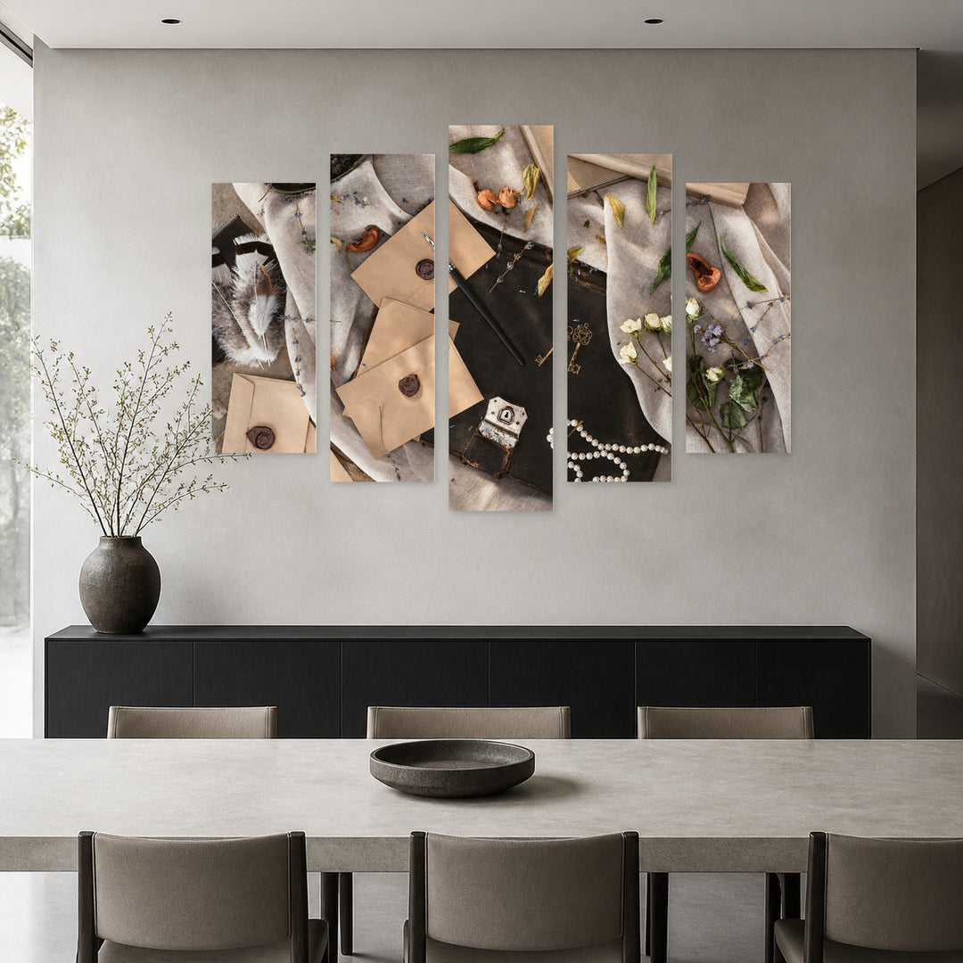Vintage Books and Envelopes in Serene Light — five-panel wall art in alternate frontal interior | 5wallart 54595 M4