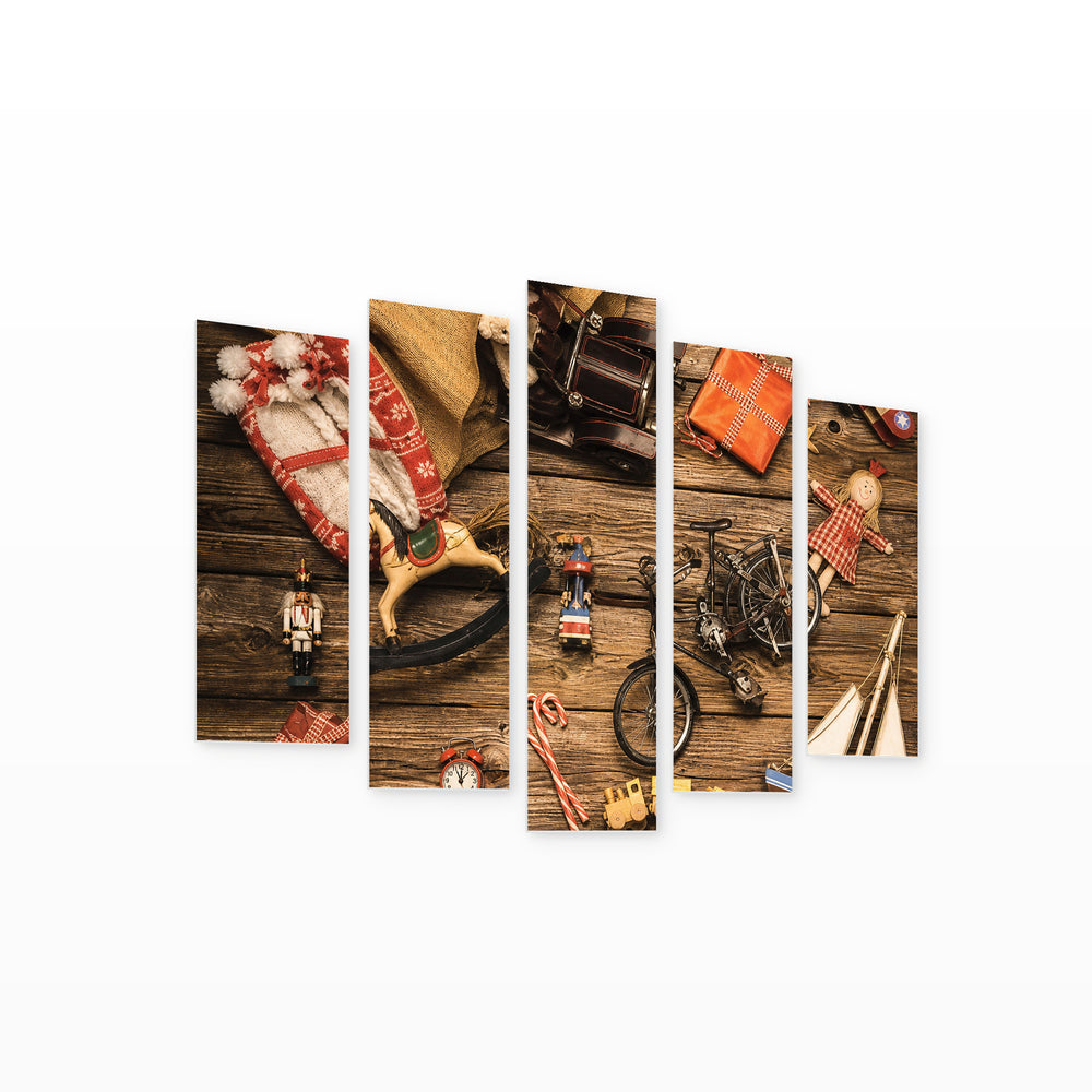 Antique Children's Toys Playful Illustration — five-panel wall art on white background in perspective | 5wallart 54596 M1