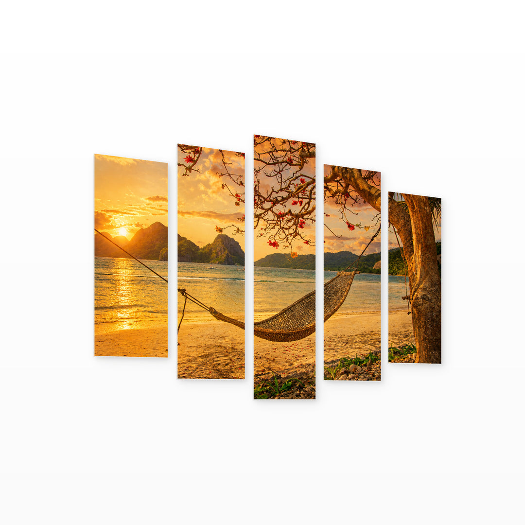 Tropical Scene at Golden Sunset — five-panel wall art on white background in perspective | 5wallart 54597 M1
