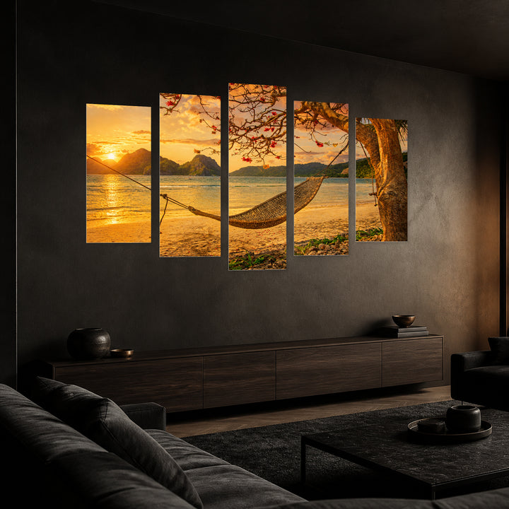 Tropical Scene at Golden Sunset — five-panel wall art in perspective interior | 5wallart 54597 M2