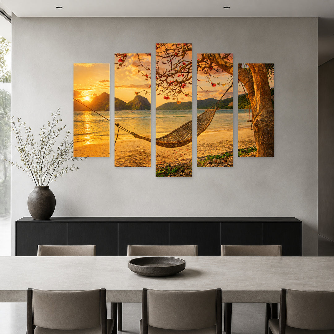 Tropical Scene at Golden Sunset — five-panel wall art in alternate frontal interior | 5wallart 54597 M4