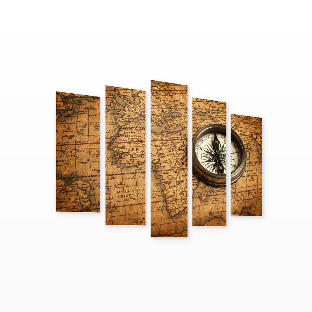 Compass and Ancient Map Vintage Study — five-panel wall art on white background in perspective | 5wallart 54598 M1