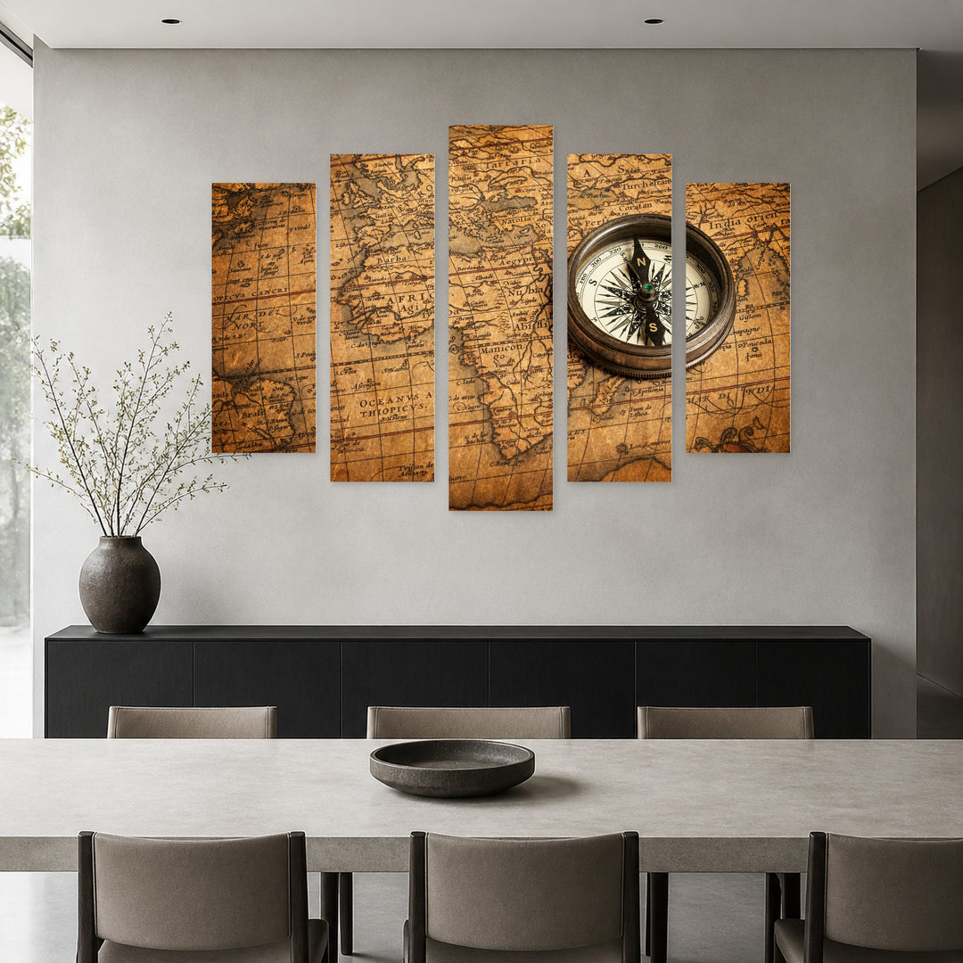 Compass and Ancient Map Vintage Study — five-panel wall art in frontal interior | 5wallart 54598 M3