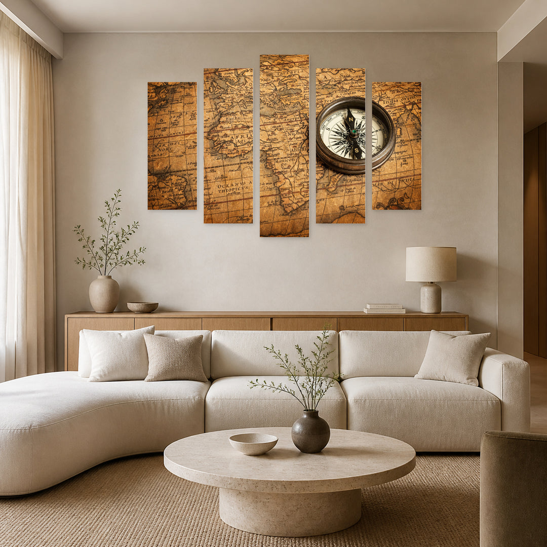 Compass and Ancient Map Vintage Study — five-panel wall art in alternate frontal interior | 5wallart 54598 M4
