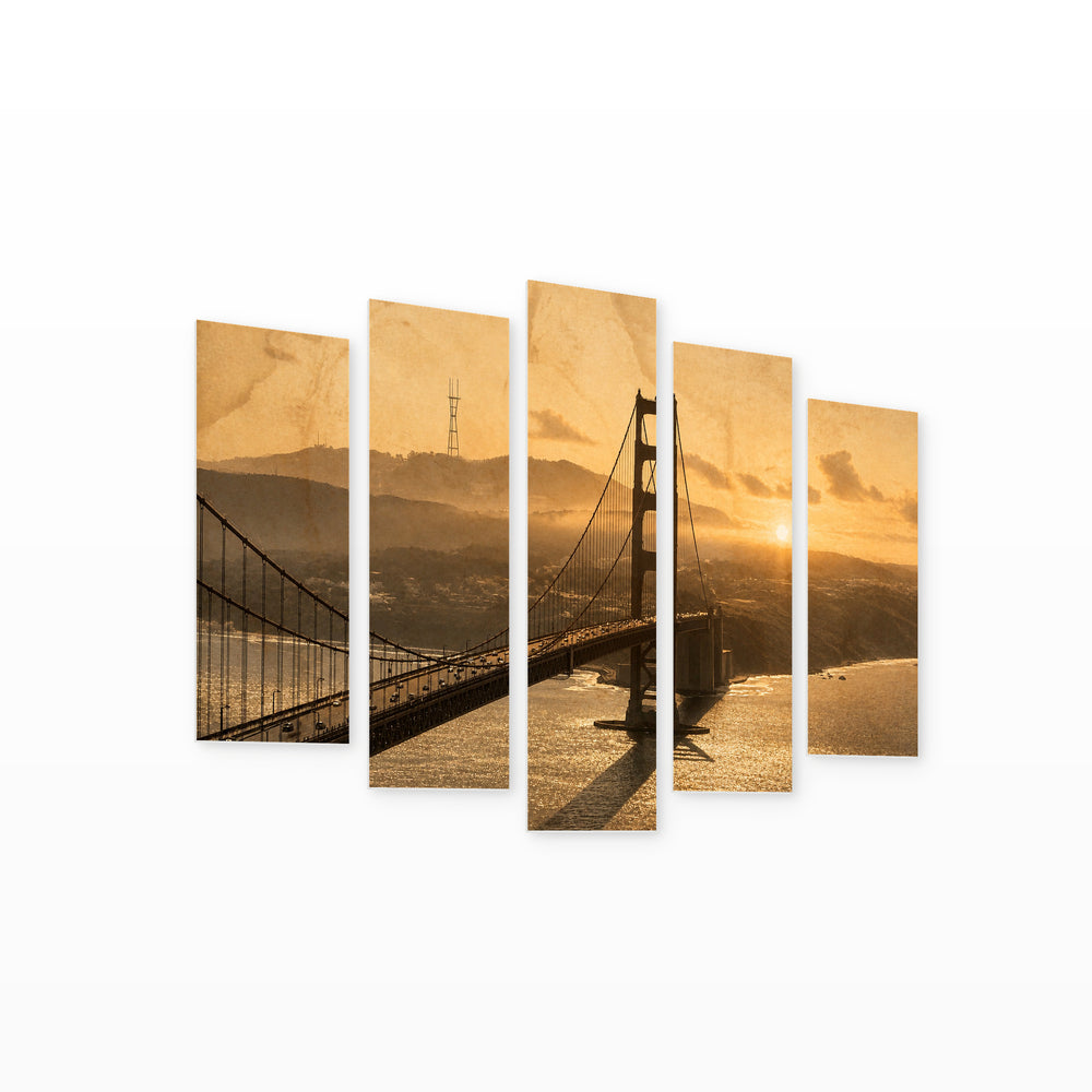 Golden Gate Bridge at Golden Sunset — five-panel wall art on white background in perspective | 5wallart 54599 M1
