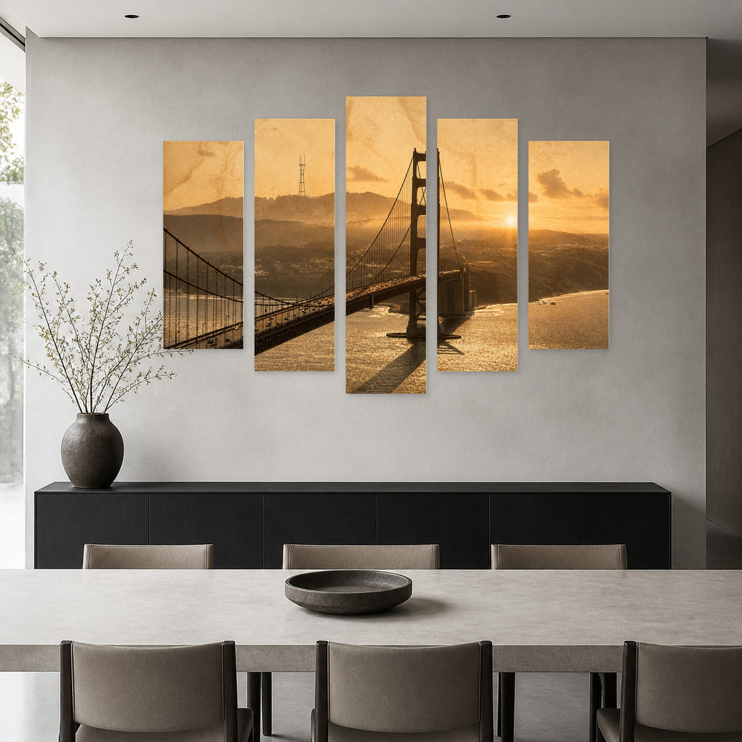 Golden Gate Bridge at Golden Sunset — five-panel wall art in alternate frontal interior | 5wallart 54599 M4