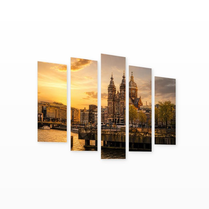 Amsterdam at Golden Sunset — five-panel wall art on white background in perspective | 5wallart 54600 M1