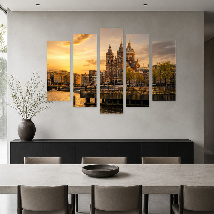 Amsterdam at Golden Sunset — five-panel wall art in frontal interior | 5wallart 54600 M3