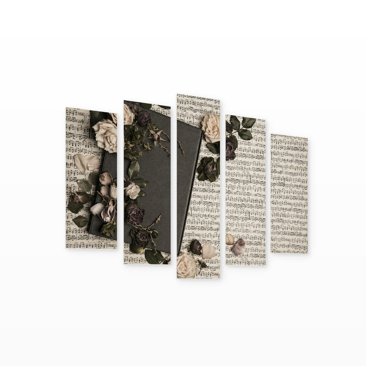 Roses and Book in the Background Botanical Study — five-panel wall art on white background in perspective | 5wallart 54601 M1