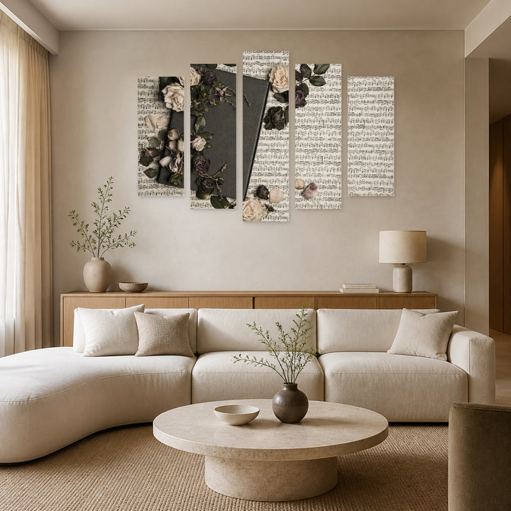 Roses and Book in the Background Botanical Study — five-panel wall art in frontal interior | 5wallart 54601 M3