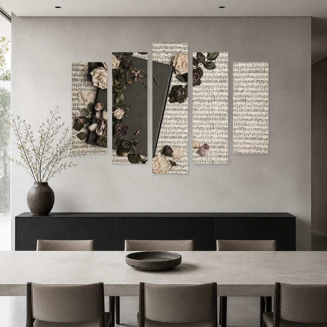 Roses and Book in the Background Botanical Study — five-panel wall art in alternate frontal interior | 5wallart 54601 M4