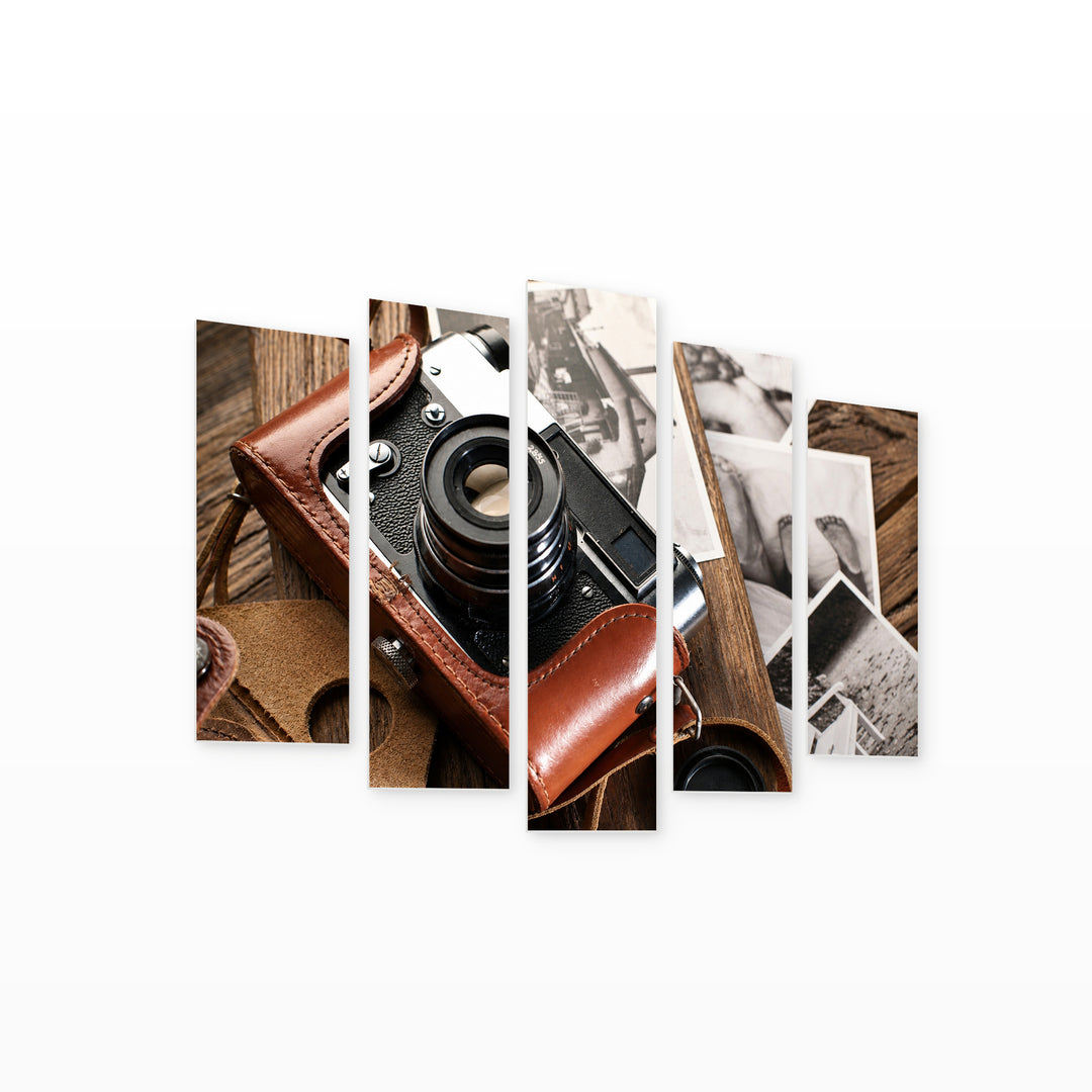 Vintage Camera Vintage Study — five-panel wall art on white background in perspective | 5wallart 54602 M1
