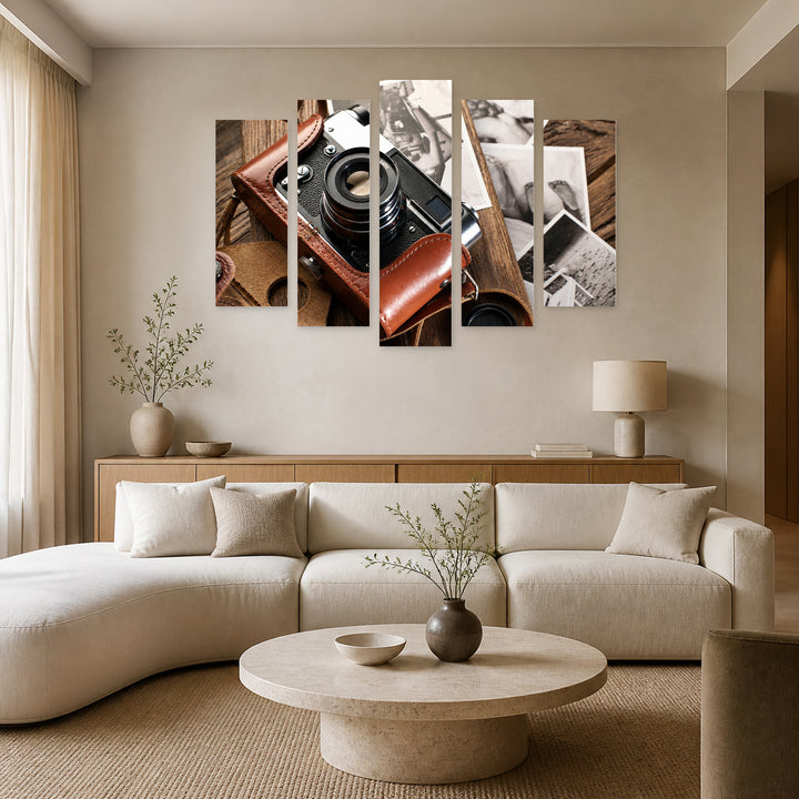 Vintage Camera Vintage Study — five-panel wall art in alternate frontal interior | 5wallart 54602 M4