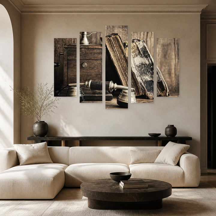 Retro Phone and Book in Serene Light — five-panel wall art in frontal interior | 5wallart 54603 M3