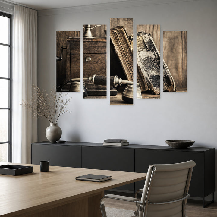 Retro Phone and Book in Serene Light — five-panel wall art in alternate frontal interior | 5wallart 54603 M4