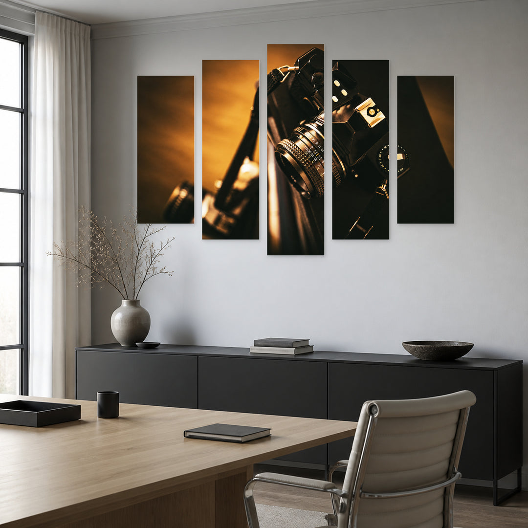 Analog Camera with Geometric Rhythm — five-panel wall art in frontal interior | 5wallart 54604 M3