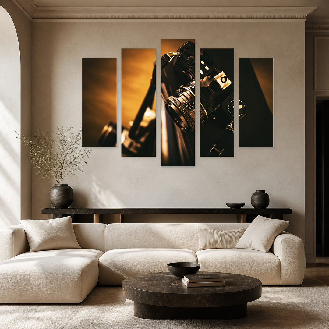 Analog Camera with Geometric Rhythm — five-panel wall art in alternate frontal interior | 5wallart 54604 M4