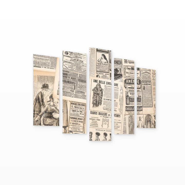 Antique Newspapers in Black and White — five-panel wall art on white background in perspective | 5wallart 54605 M1