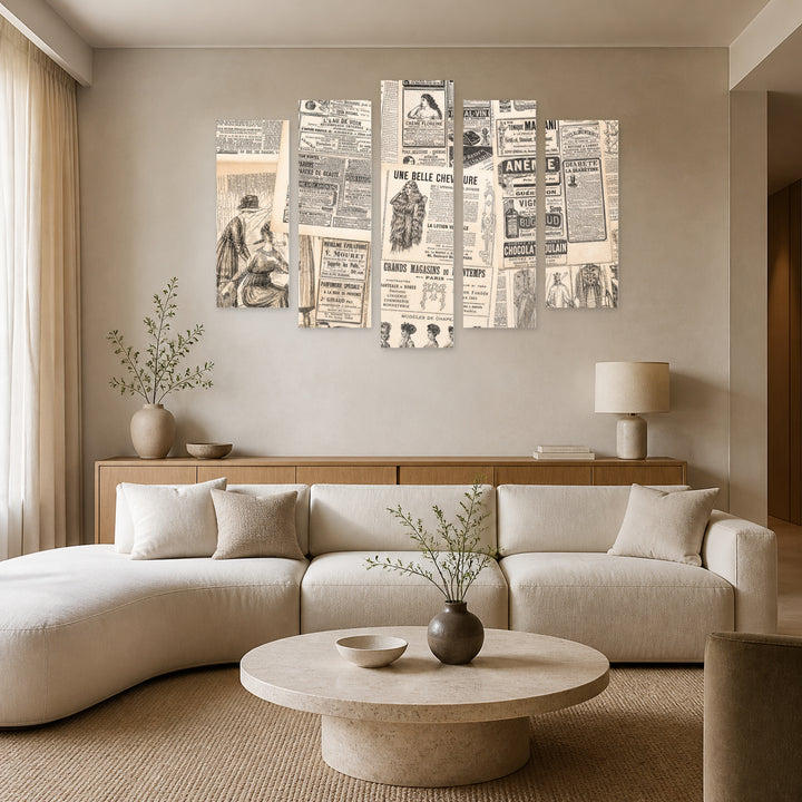 Antique Newspapers in Black and White — five-panel wall art in frontal interior | 5wallart 54605 M3