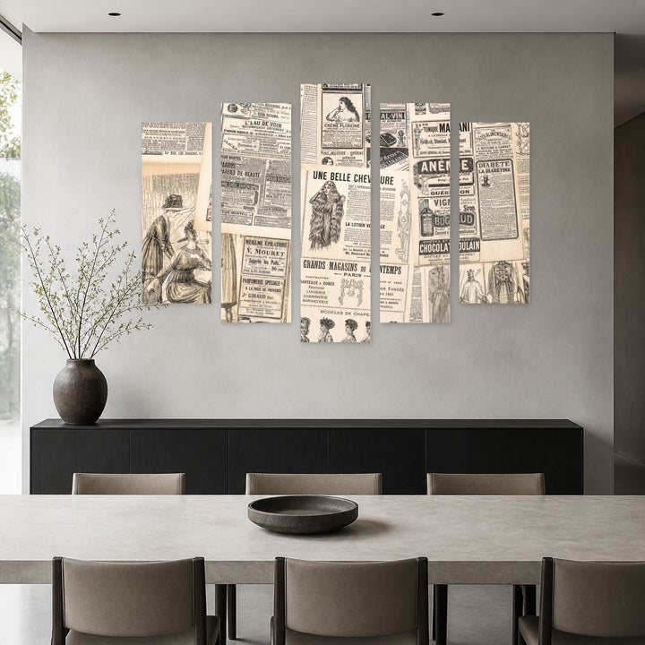 Antique Newspapers in Black and White — five-panel wall art in alternate frontal interior | 5wallart 54605 M4