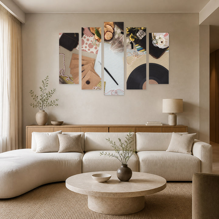 Retro Objects in Serene Light — five-panel wall art in alternate frontal interior | 5wallart 54606 M4