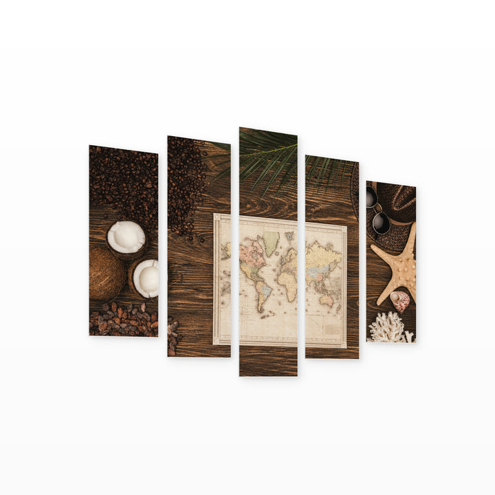 Retro Map on Wooden Surface Vintage Study — five-panel wall art on white background in perspective | 5wallart 54607 M1