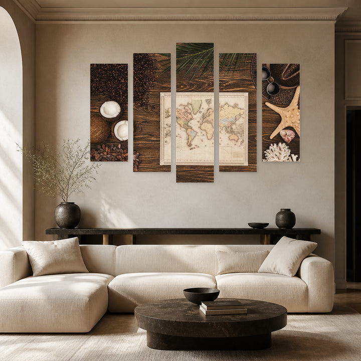 Retro Map on Wooden Surface Vintage Study — five-panel wall art in frontal interior | 5wallart 54607 M3